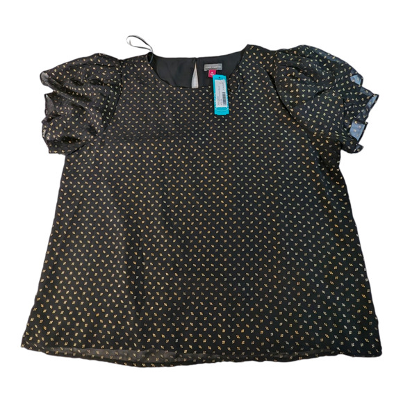 NWT Vince Camuto Womens Metallic Print Tulip Sleeve Blouse Xl Black Gold - Picture 2 of 6